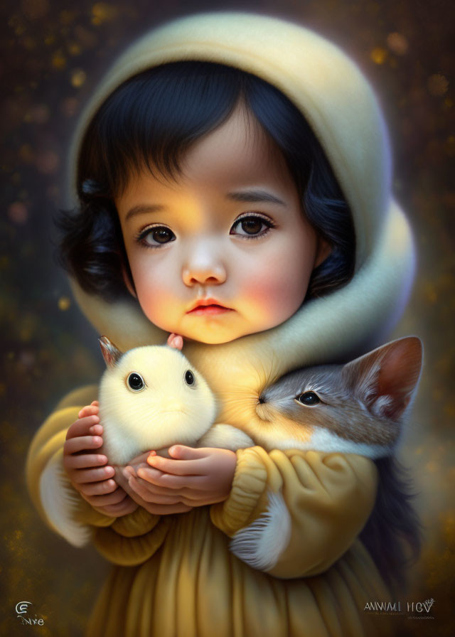 Child with Big Brown Eyes Holding Rabbit and Kitten in Yellow Hood on Golden Background