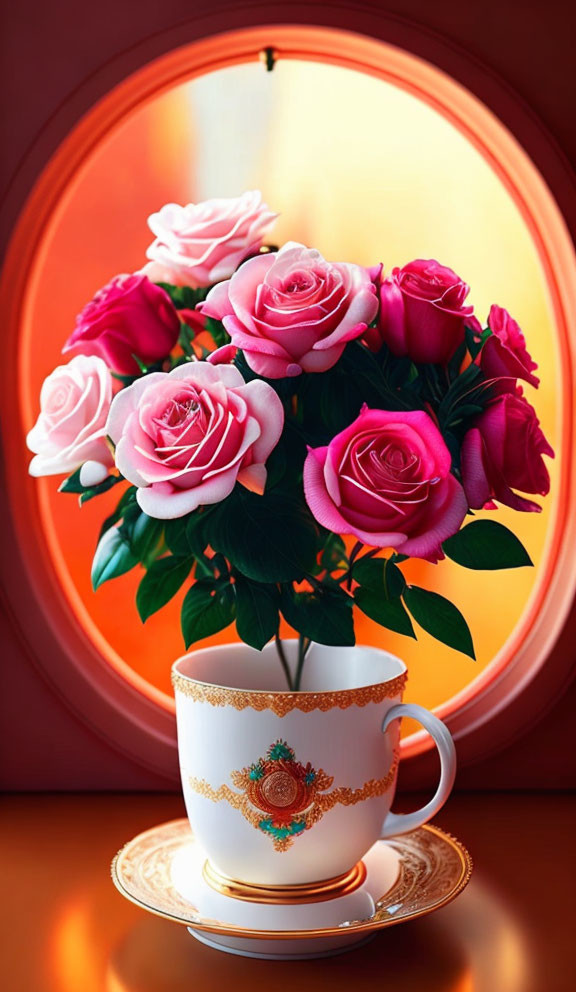 Pink Roses Bouquet on Orange Circle with Cup and Saucer