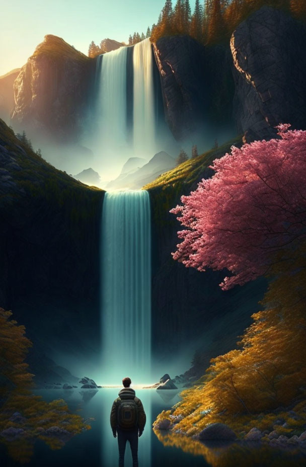 Hiker at Majestic Waterfall with Pink Tree