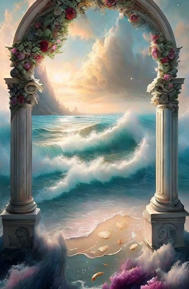 Stone arch with floral adornments overlooking turbulent sea waves and pastel sky.