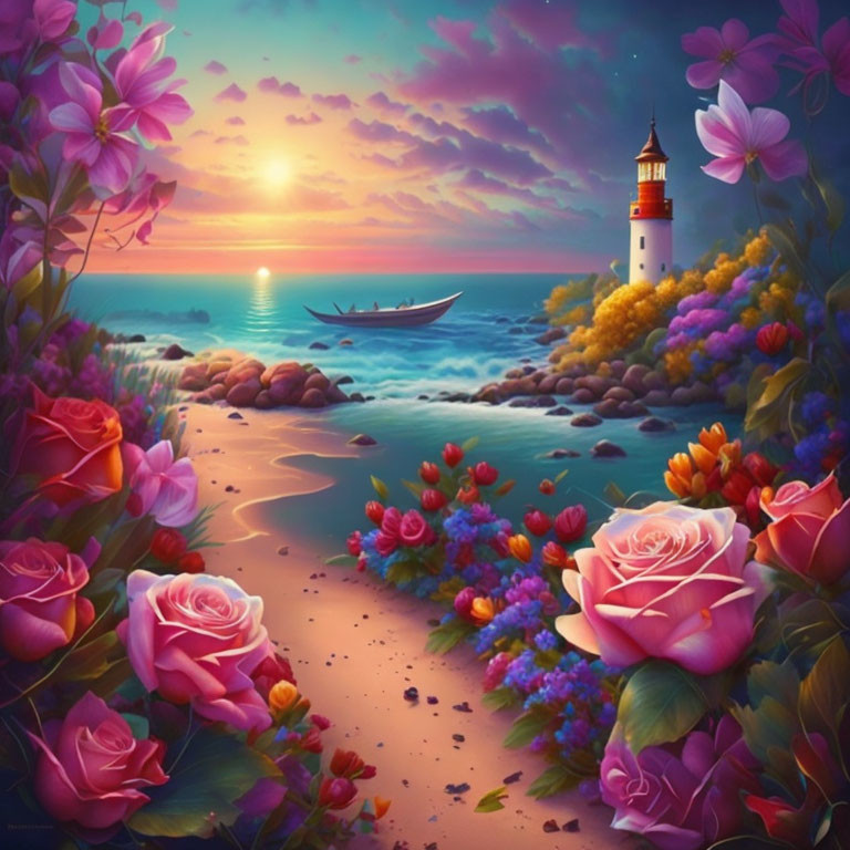 Colorful sunset painting featuring lighthouse, flowers, and boat