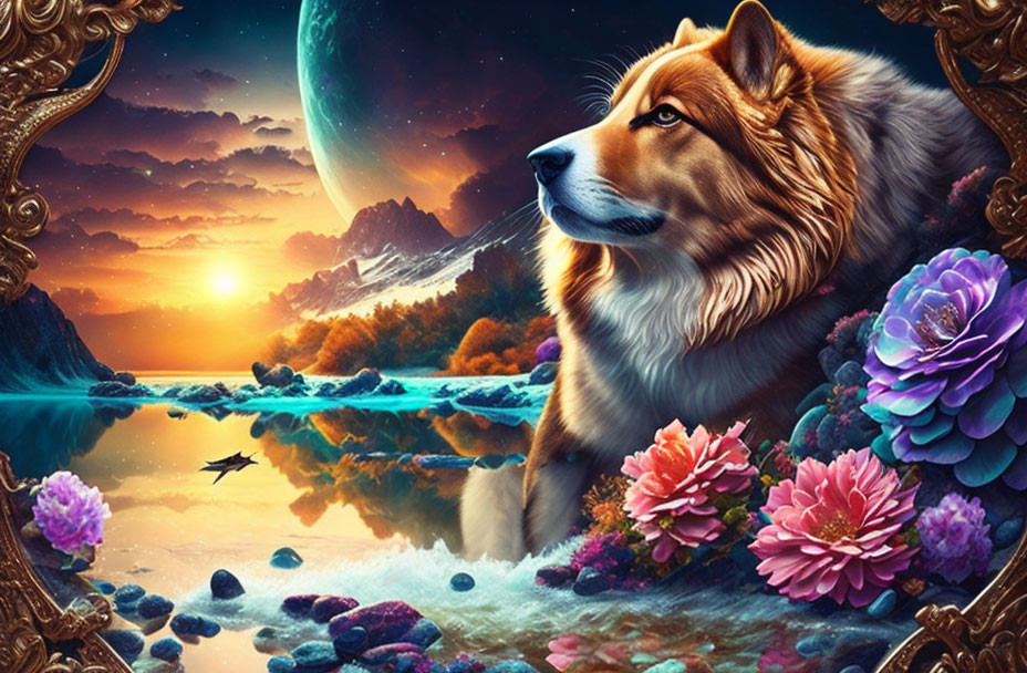 Colorful artwork: Majestic dog in surreal landscape with lake, mountains, sunset, and planet.