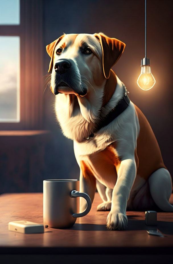 Contemplative dog sitting by window with lightbulb, mug, and smartphone