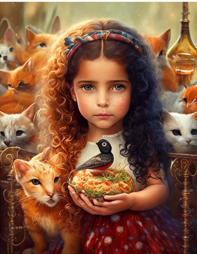 Curly-haired girl with headband surrounded by orange cats holding a bowl with bird