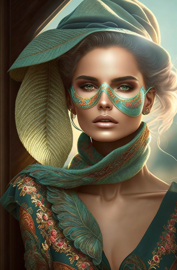 Digital artwork of woman in stylish green hat and mask with elegant patterns, wearing green scarf with floral motifs