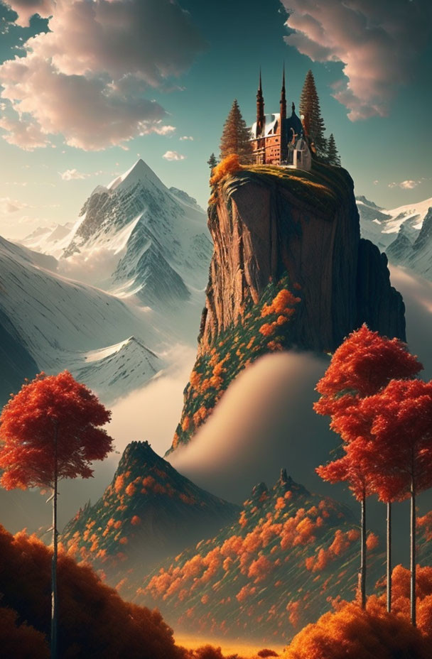 Castle on Cliff Surrounded by Autumn Trees, Misty Mountains