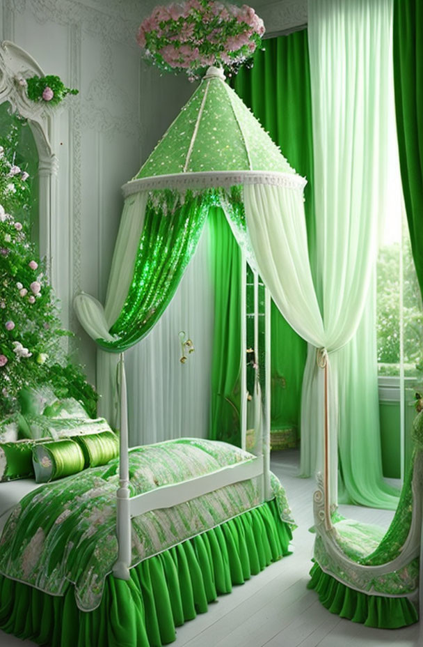 Luxurious Four-Poster Bed with Green and White Decor in Elegant Bedroom