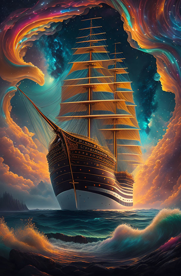 Tall ship sailing turbulent seas under vibrant surreal sky