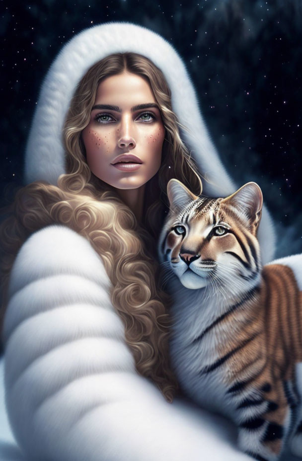 Blond woman in white cloak with lynx on starry night background