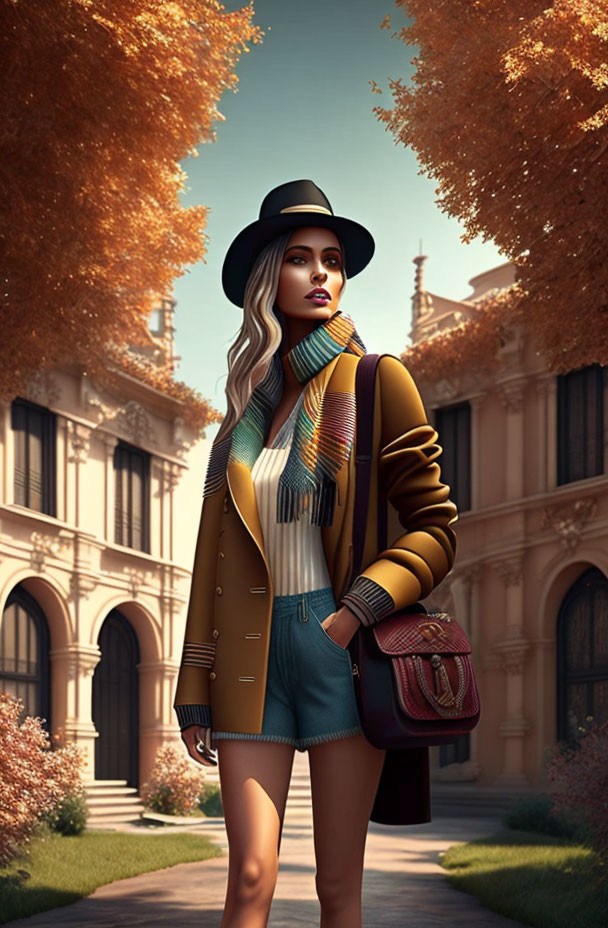 Fashionable woman in fall outfit poses confidently by elegant building and autumn trees