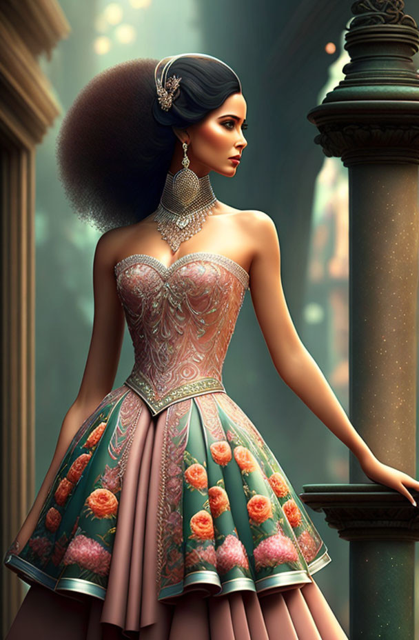 Detailed gown and afro hairstyle on elegant animated woman by vintage column