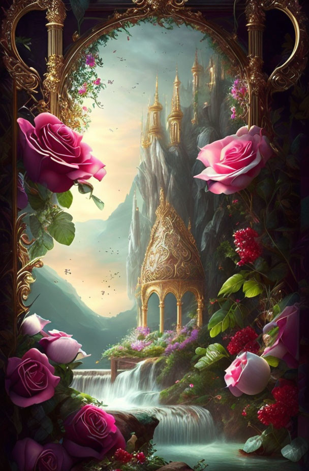 Fantasy landscape with waterfall, castle, roses, and golden tower