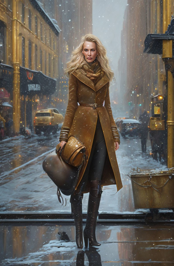 Blonde Woman in Brown Coat Walking on Snow-Covered City Street