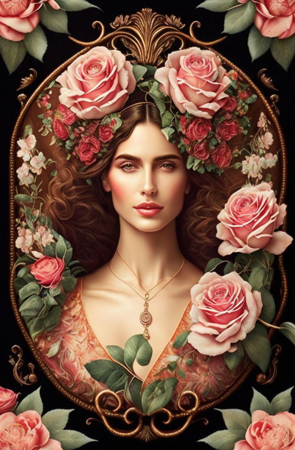 Classic digital artwork: Woman with flowing hair and roses in ornate oval frame