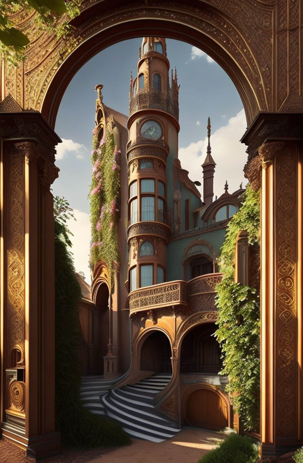 Intricate fantasy building with arches, spiraling tower, balconies, and lush greenery