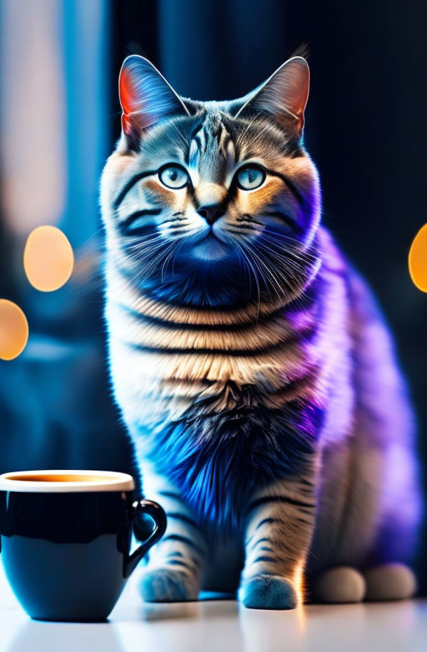 Tabby cat with blue eyes next to coffee cup under colorful lights