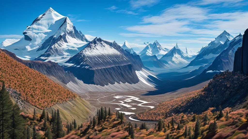 Majestic snow-capped mountain range with autumn forests and winding river