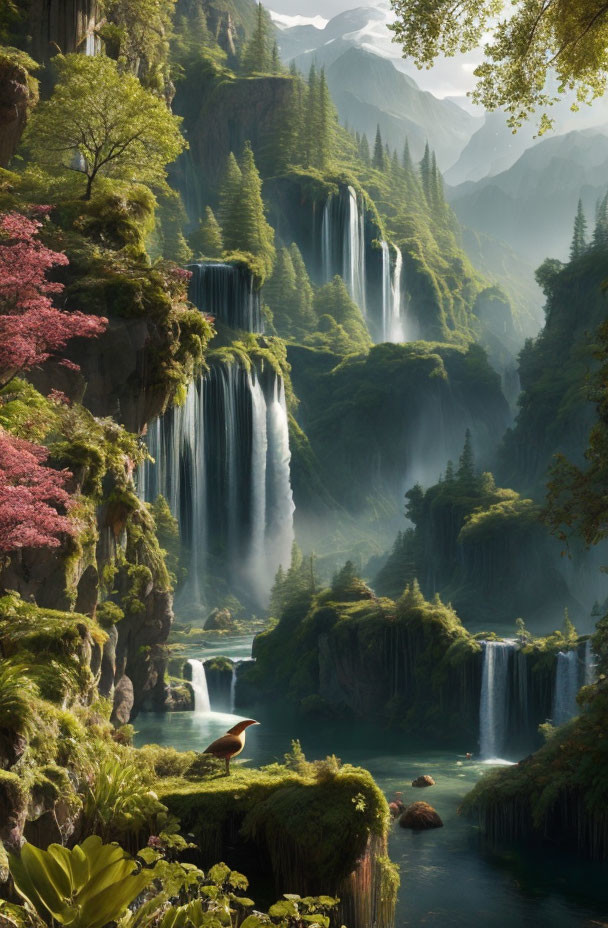 Tranquil fantasy landscape with cascading waterfalls and lush greenery