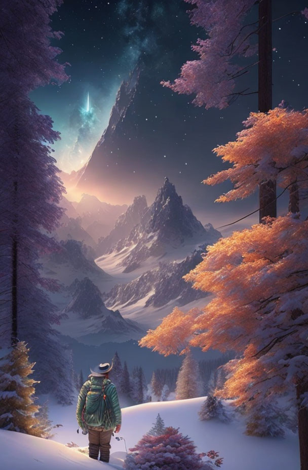 Person admiring starlit sky and snowy landscape with pink-leaved trees