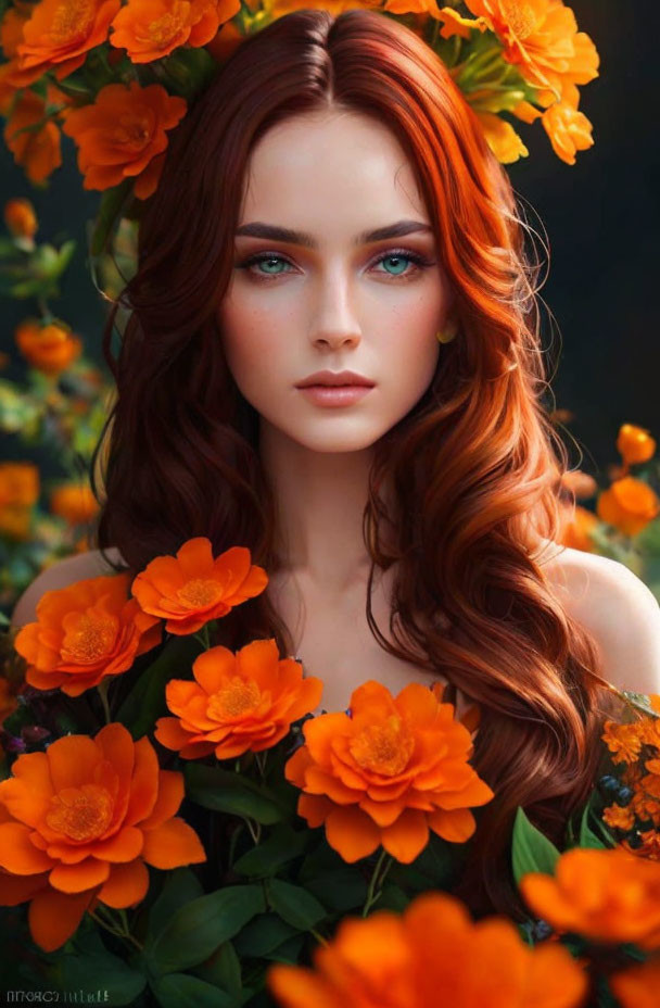 Woman with Blue Eyes and Red Hair Among Orange Flowers