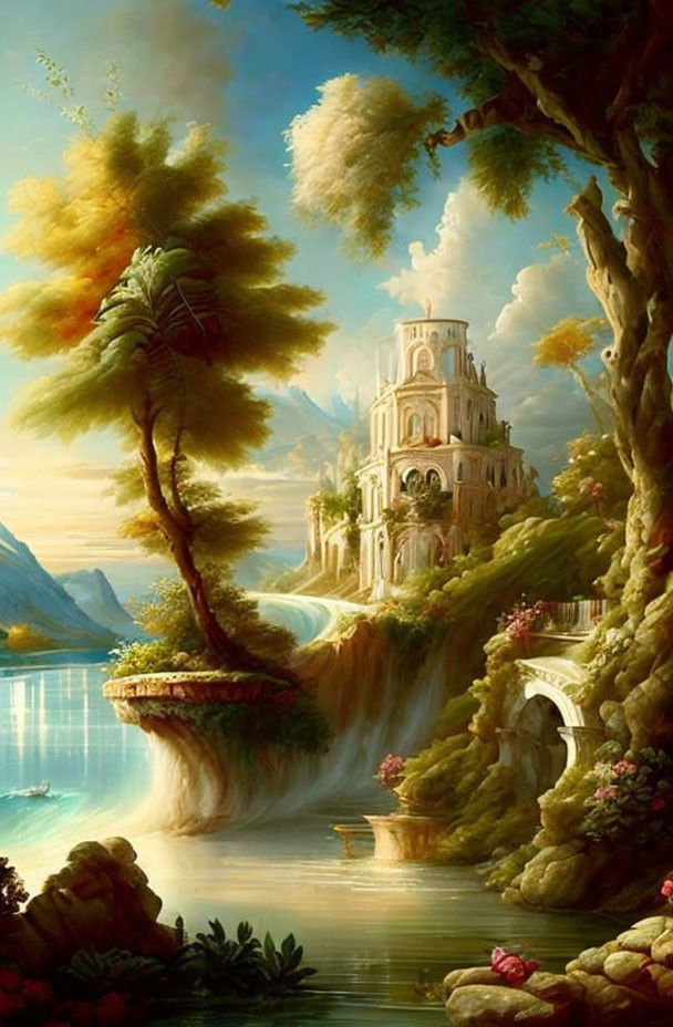 Elaborate castle on waterfall in lush landscape