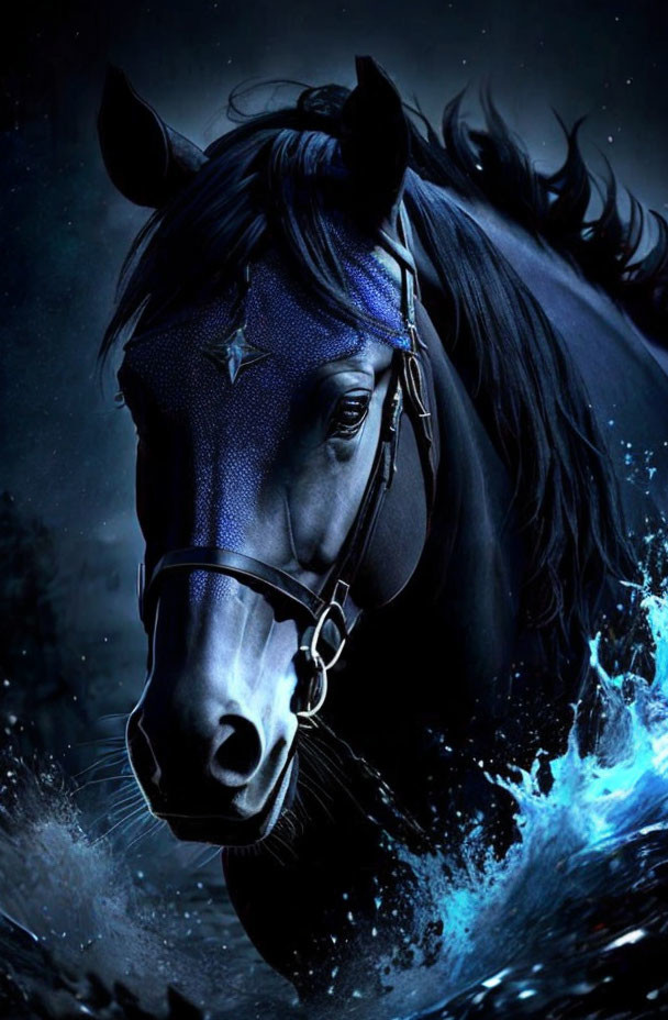 Black horse with blue headpiece in dark setting with splashing water