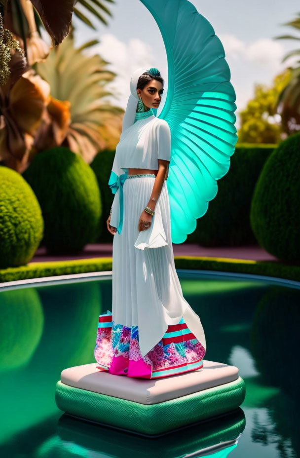 Woman in white dress on pool float with teal winged accessory and colorful boots.