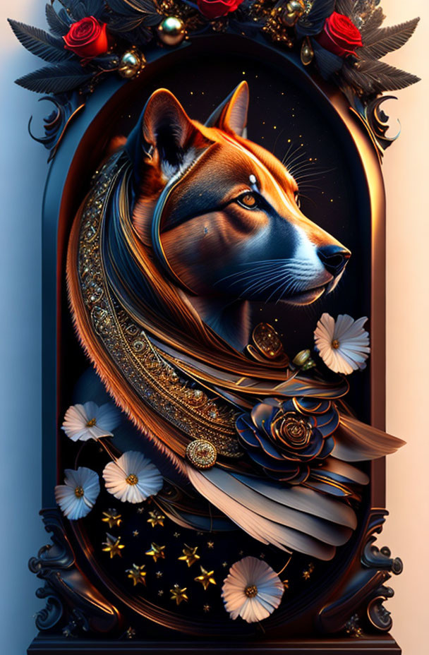 Stylized fox's head surrounded by roses, daisies, locket, and celestial motifs