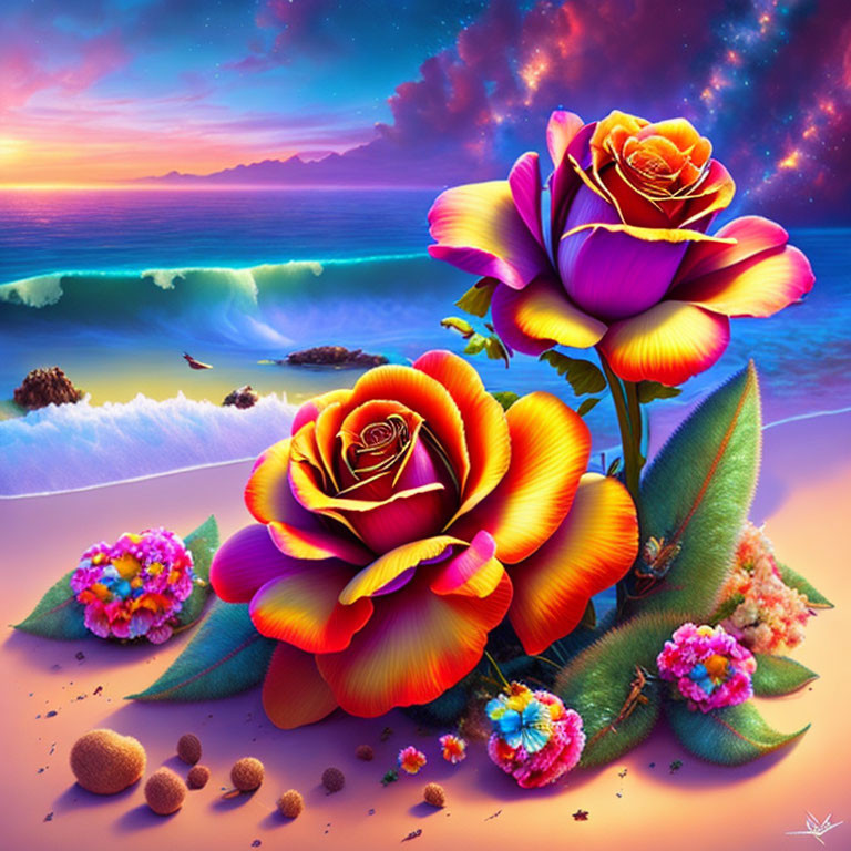 Colorful Roses Against Surreal Beach Sunset Backdrop