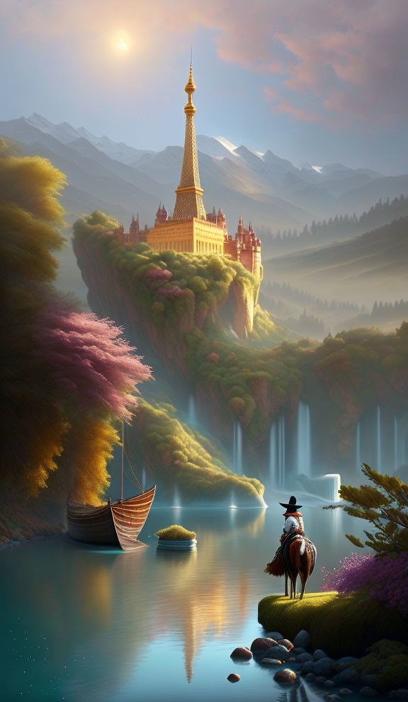 Castle on Cliff with Waterfalls, Horseback Rider, Colorful Trees, Boats, Mountains