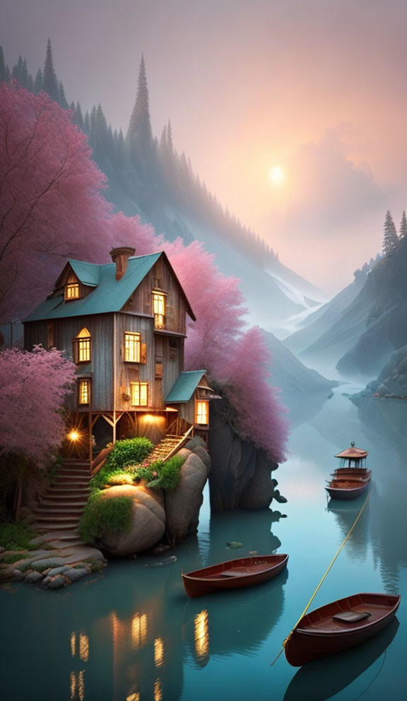 Tranquil river scene with wooden house, boats, blossoms, and sunset