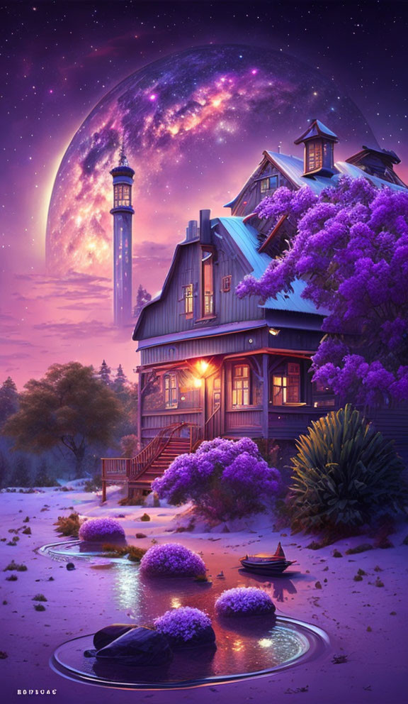 Whimsical two-story house illustration with violet trees, lighthouse, galaxy sky, and stepping stone