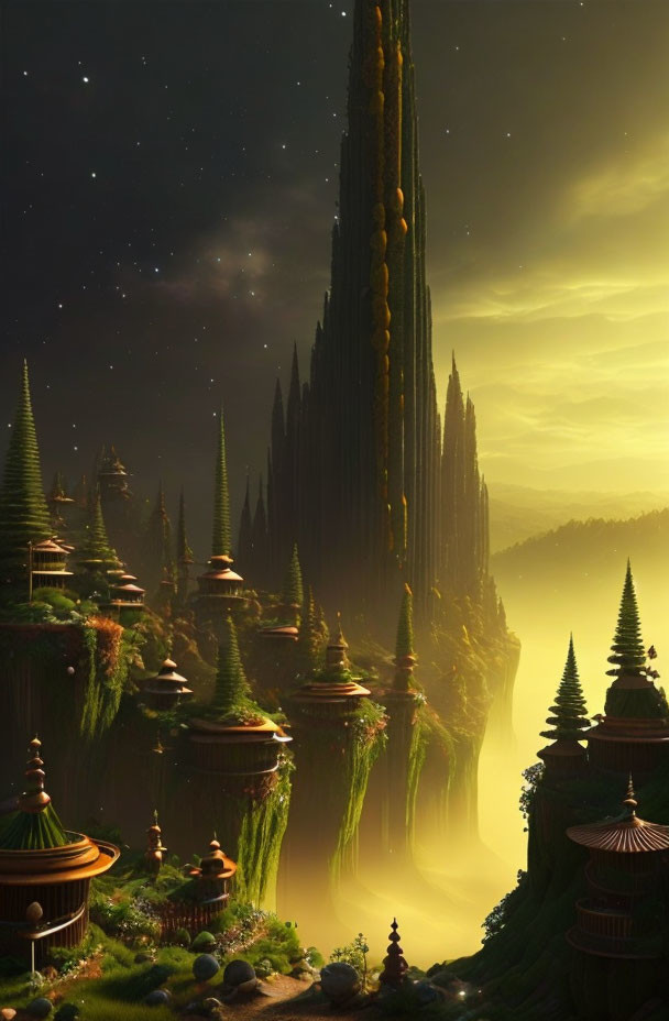 Mystical landscape with towering spires and pagoda-style structures amid foggy cliffs