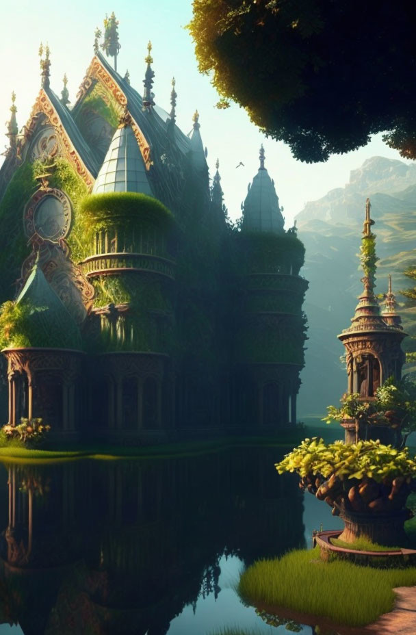 Fantasy towers with green roofs near a serene lake and lush trees