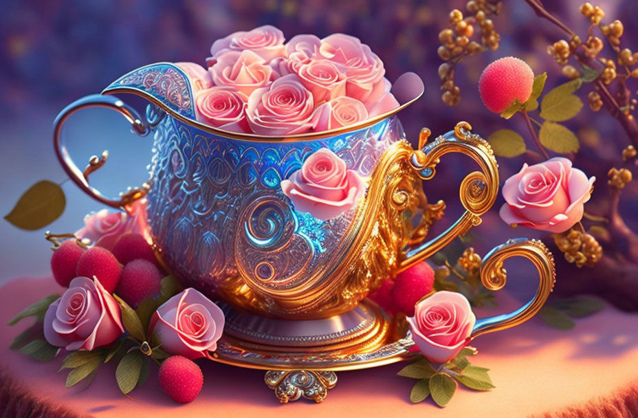 Golden teacup with pink roses and floral accents on warm backdrop.