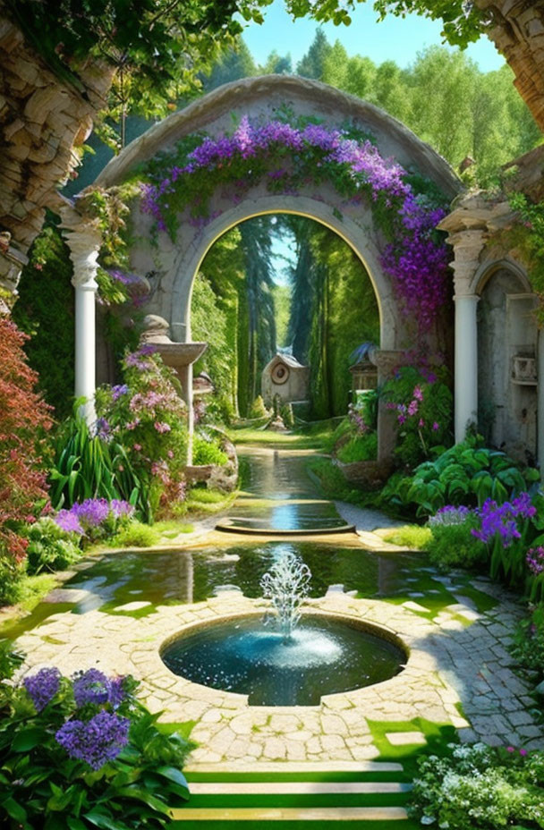 Tranquil garden path with archways, fountain, greenery, and purple flowers