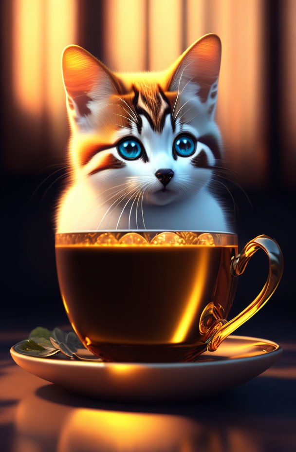 Realistic kitten with blue eyes in golden tea cup under warm light