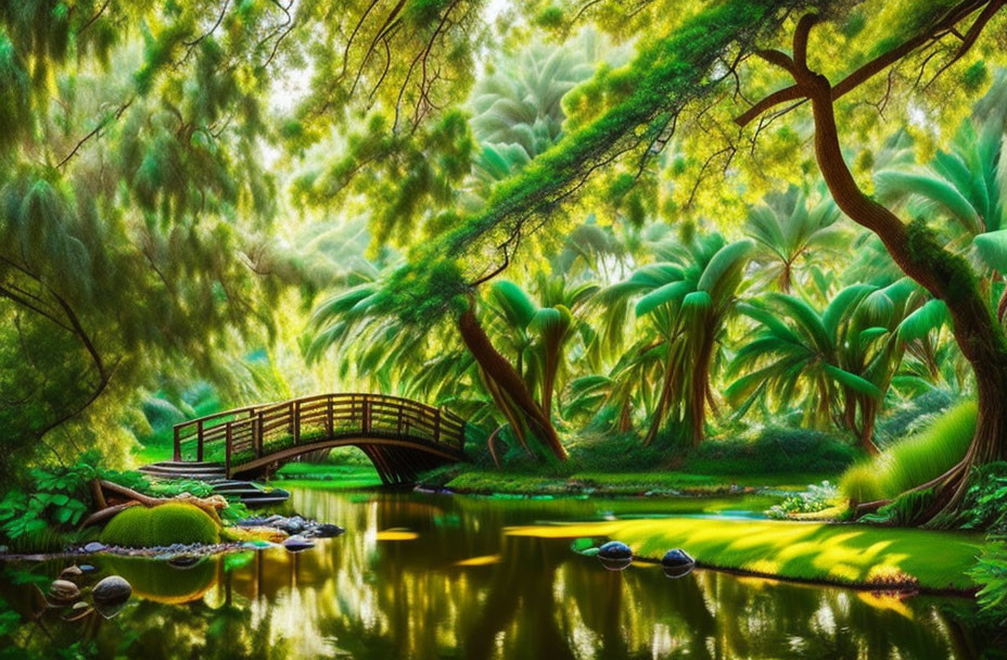 Tranquil fantasy garden with wooden bridge, lush greenery, weeping willows, and vibrant