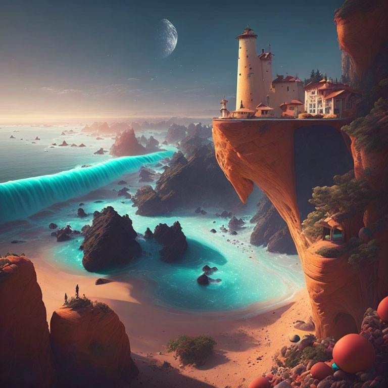 Fantasy coastal landscape at dusk with bioluminescent waterfalls, lighthouse, rocks, and