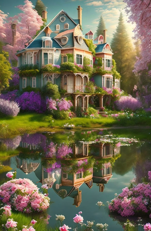 Victorian house with lush gardens and serene pond reflection