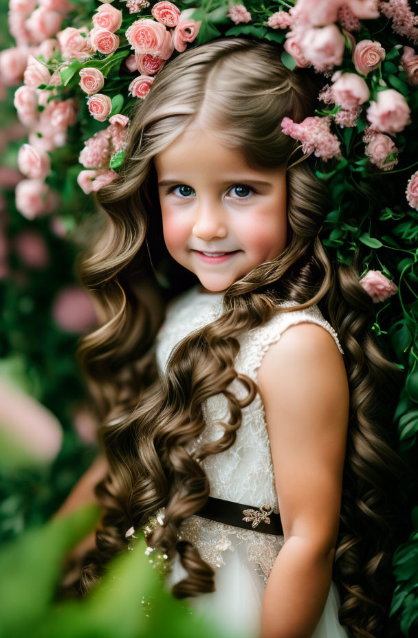 Curly-Haired Girl Smiling in White Dress with Pink Roses