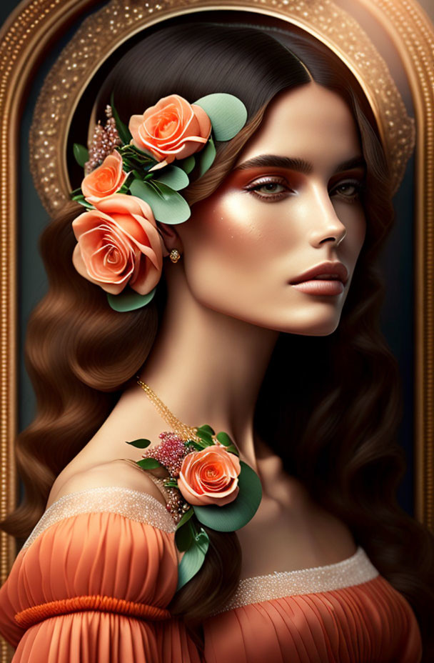 Digital art portrait of a woman with chestnut hair, peach roses, green leaves, and an orange