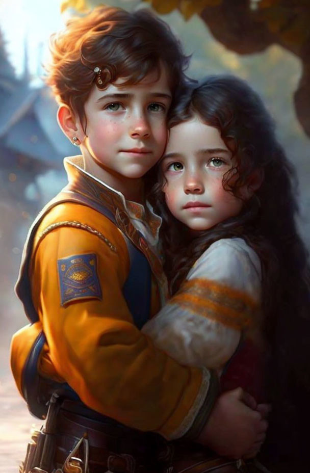 Young children in yellow and cream clothing embrace with expressive eyes