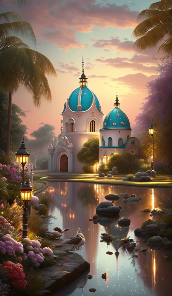 Tranquil evening scene with blue-domed building by calm pond