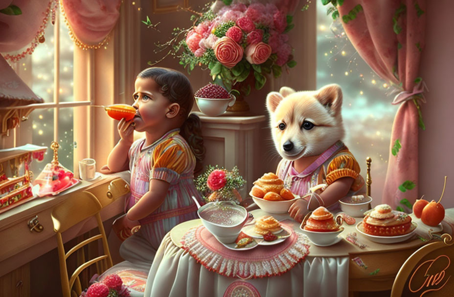 Girl and anthropomorphic dog at fancy tea party in cozy, whimsical room