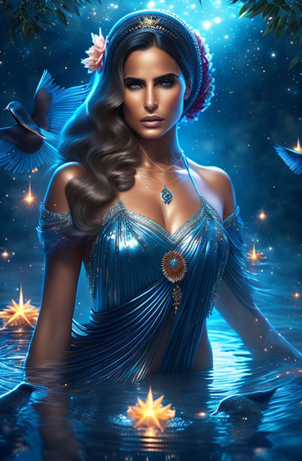 Dark-haired woman in celestial blue dress with jewels, surrounded by water and stars.