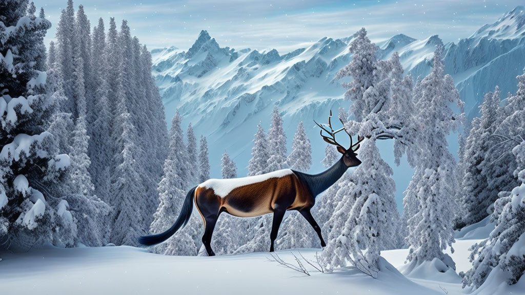 Majestic deer in snow-covered forest with pine trees and mountains