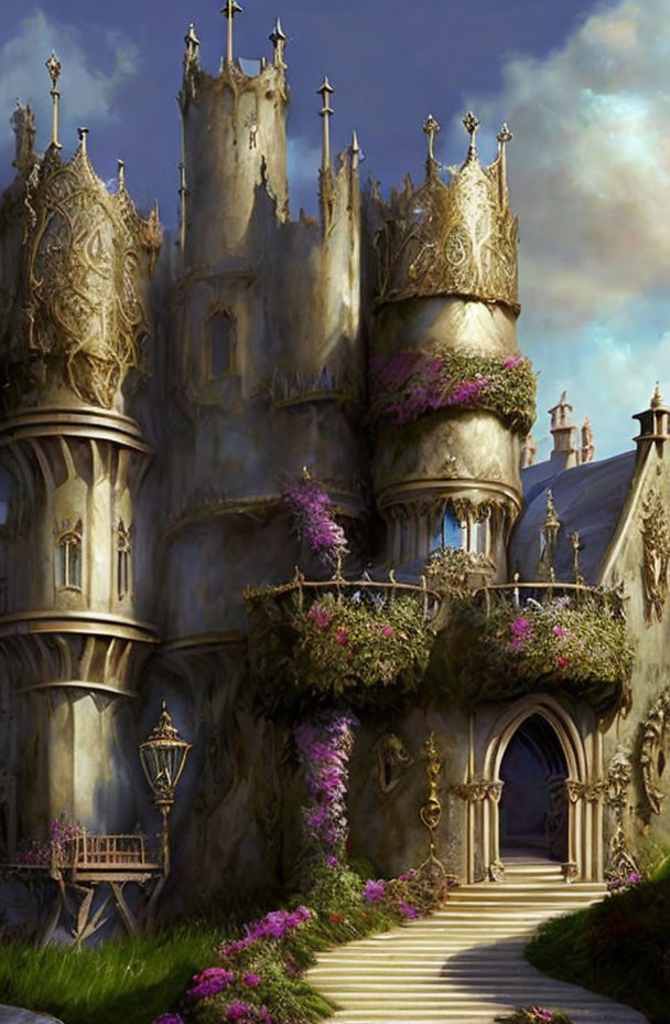 Medieval castle with spires and purple flora under warm light