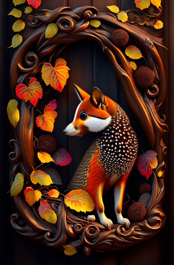 Colorful Fox Illustration in Leafy Frame with Autumnal Theme