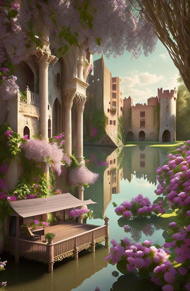 Fantasy castle reflected in serene lake with purple trees and wooden dock